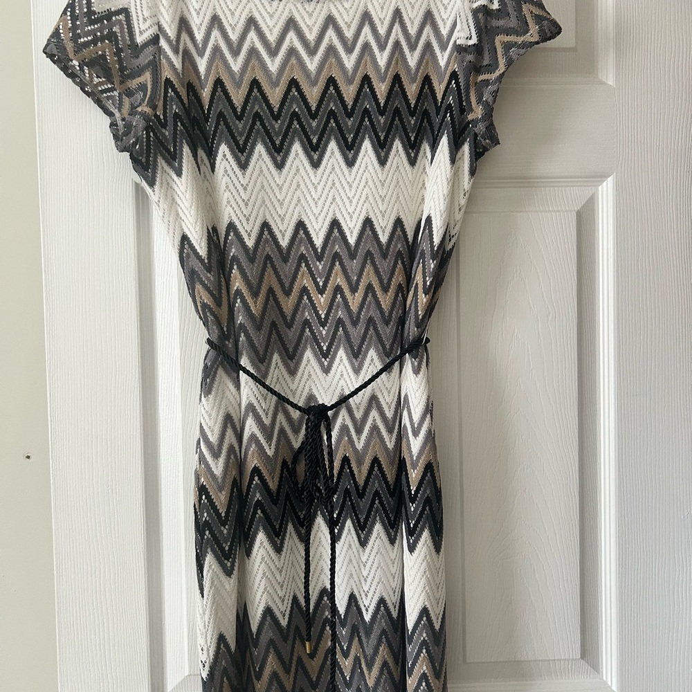Tacera Chevron Patterned Dress - Black, White, Brown